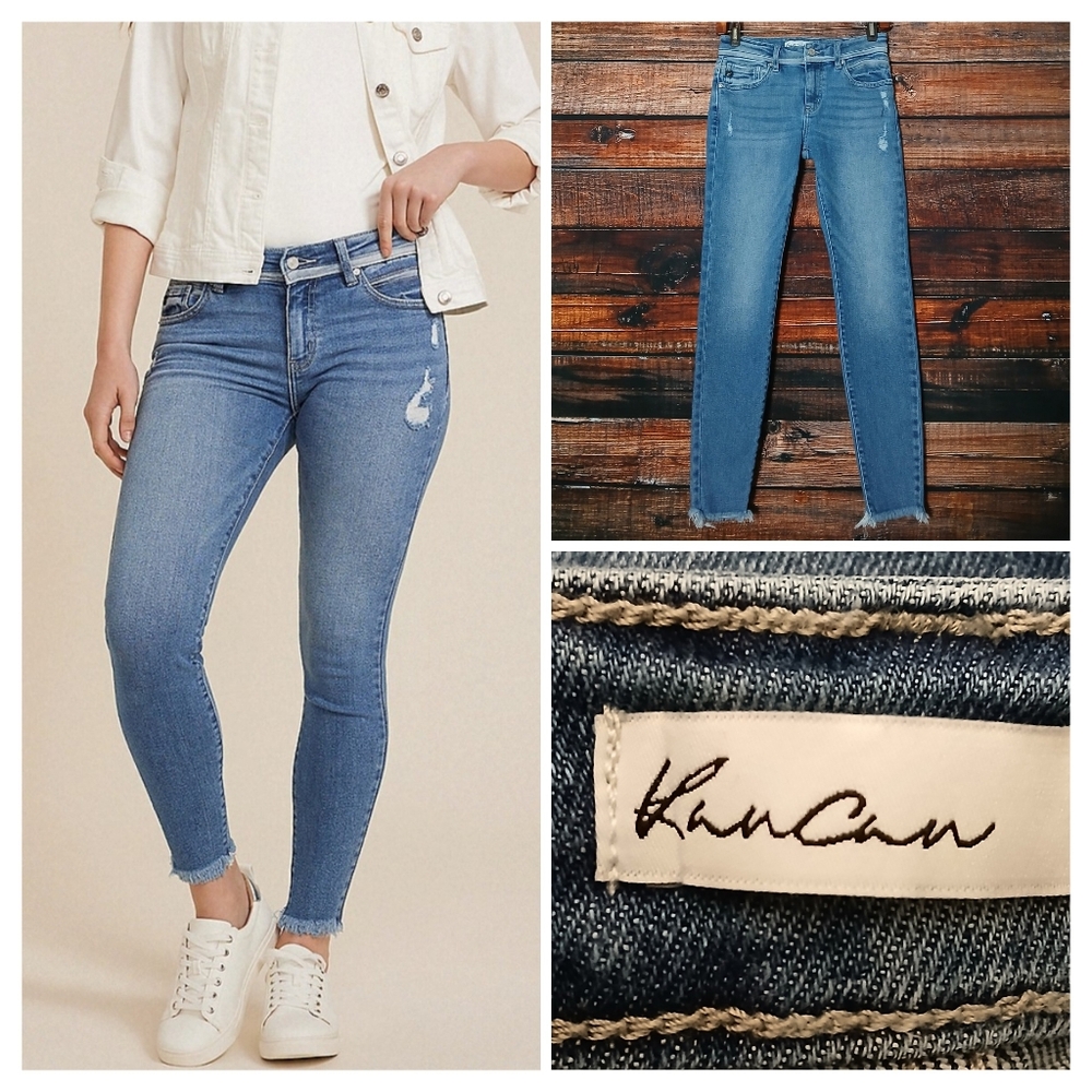 Kancan Jeans 26 Skinny Mid Rise Distressed Raw Frayed Hem Blue Denim Stretch